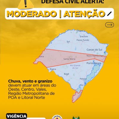 Defesa Civil alerta: Condi&ccedil;&atilde;o de ATEN&Ccedil;&Atilde;O para chuva, vento e granizo que devem atuar em &aacute;reas 