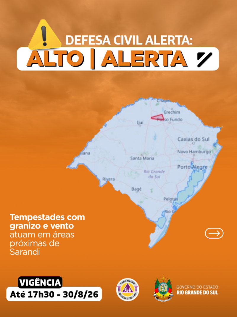 Defesa Civil alerta: condi&ccedil;&atilde;o de ALERTA para tempestade com granizo e vento atua em &aacute;reas de pr&oacute;ximas de Sarandi