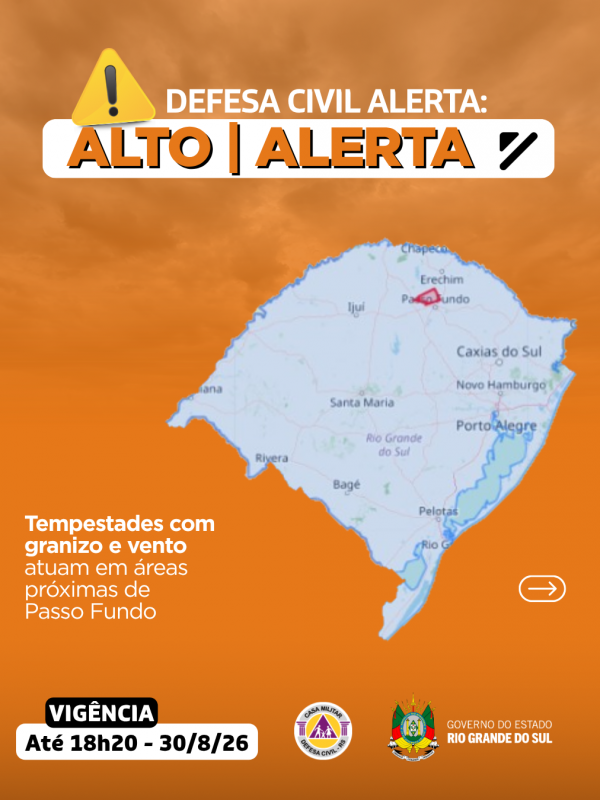 Defesa Civil alerta: condi&ccedil;&atilde;o de ALERTA para tempestade com granizo e vento atua em &aacute;reas de pr&oacute;ximas de Passo Fundo