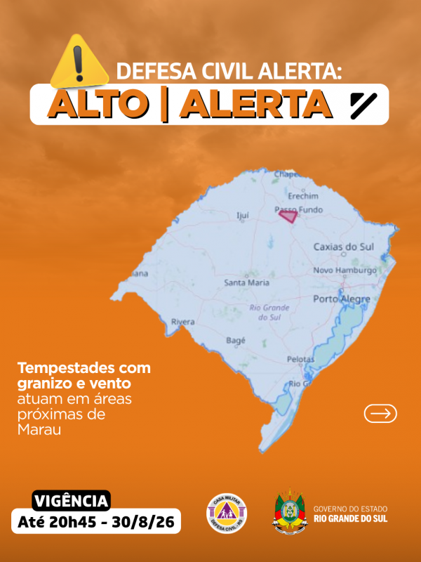 Defesa Civil alerta: condi&ccedil;&atilde;o de ALERTA para tempestade com granizo e vento atua em &aacute;reas de pr&oacute;ximas de Marau