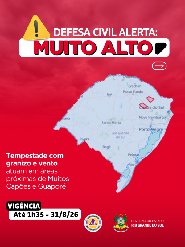 Defesa Civil alerta: condi&ccedil;&atilde;o SEVERA para tempestades com granizo e vento que atuam em &aacute;reas pr&oacute;ximas de Muitos Cap&otilde;es e Guapor&eacute;