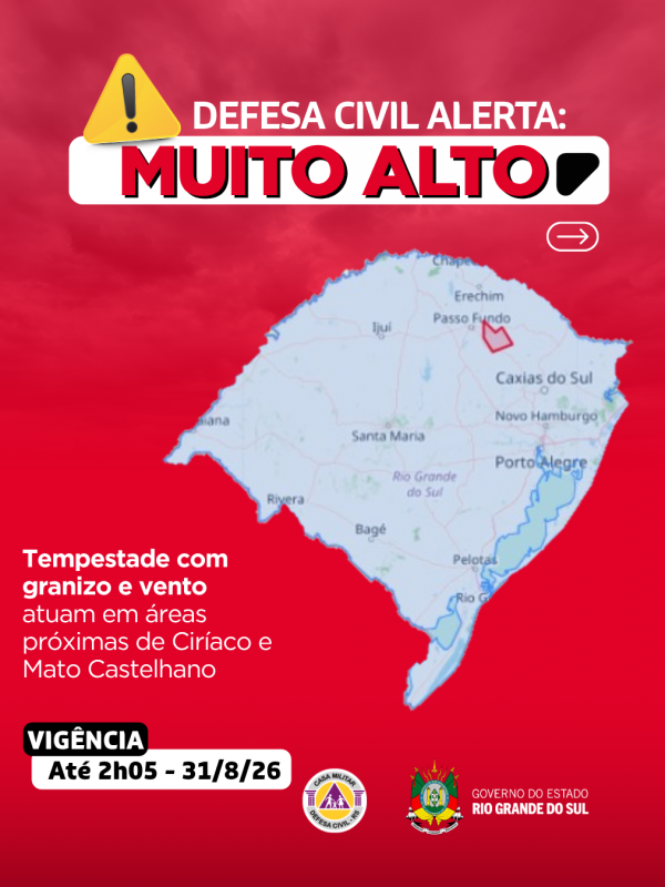 Defesa Civil alerta: condi&ccedil;&atilde;o SEVERA para tempestades com granizo e vento que atuam em &aacute;reas pr&oacute;ximas de Cir&iacute;aco e Mato Castelhano
