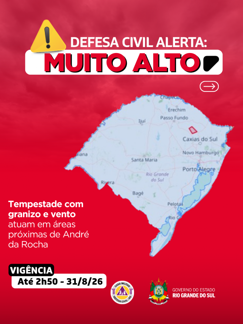 Defesa Civil alerta: condi&ccedil;&atilde;o SEVERA para tempestades com granizo e vento que atuam em &aacute;reas pr&oacute;ximas de Andr&eacute; da Rocha