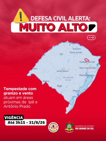 Defesa Civil alerta: condi&ccedil;&atilde;o SEVERA para tempestades com granizo e vento que atuam em &aacute;reas pr&oacute;ximas de Ip&ecirc; e Ant&ocirc;nio Prado