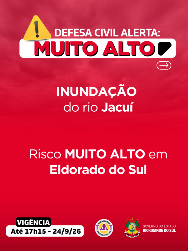 Defesa Civil alerta: INUNDA&Ccedil;&Atilde;O no rio Jacu&iacute;. Risco MUITO ALTO em Eldorado do Sul