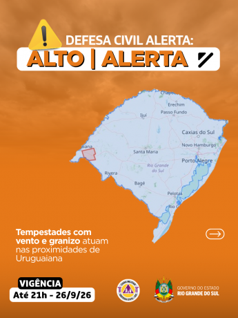 Defesa Civil alerta: condi&ccedil;&atilde;o de ALERTA para tempestades com vento e granizo que atuam nas proximidades de Uruguaiana