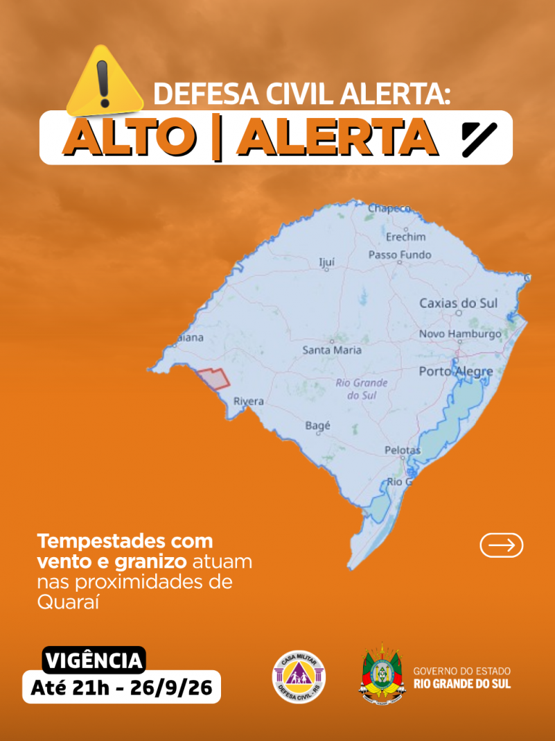 Defesa Civil alerta: condi&ccedil;&atilde;o de ALERTA para tempestades com vento e granizo que atuam nas proximidades de Quara&iacute;
