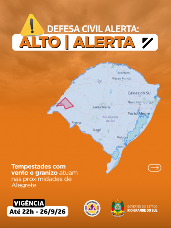 Defesa Civil alerta: condi&ccedil;&atilde;o de ALERTA para tempestades com vento e granizo que atuam nas proximidades de Alegrete