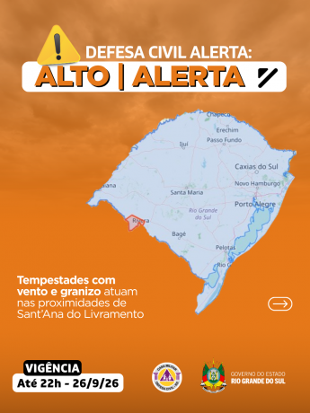 Defesa Civil alerta: condi&ccedil;&atilde;o de ALERTA para tempestades com vento e granizo que atuam nas proximidades de Santana do Livramento