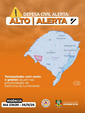 Defesa Civil alerta: condi&ccedil;&atilde;o de ALERTA para tempestades com vento e granizo que atuam nas proximidades de Santana do Livramento