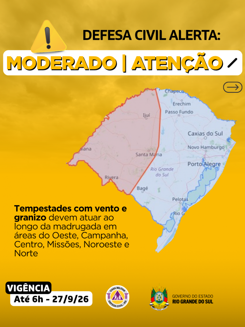 Defesa Civil alerta: condi&ccedil;&atilde;o de ATEN&Ccedil;&Atilde;O para tempestades com vento e granizo