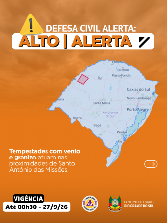 Defesa Civil alerta: condi&ccedil;&atilde;o de ALERTA para tempestades que atuam nas proximidades de Santo Ant&ocirc;nio das Miss&otilde;es