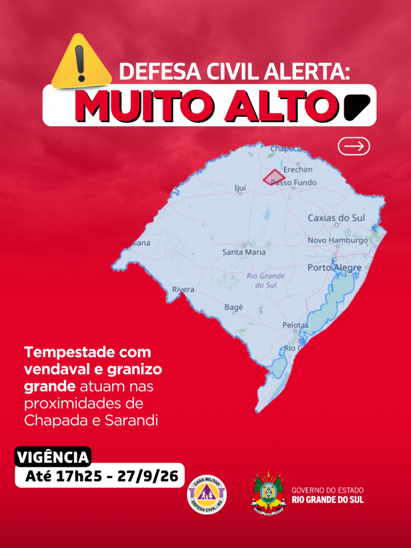 Defesa Civil alerta: condi&ccedil;&atilde;o SEVERA para tempestade com vendaval e granizo grande que atuam pr&oacute;ximo de Sarandi e Chapada