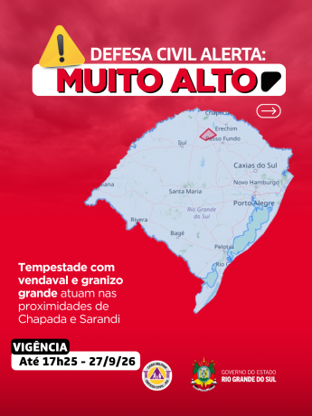 Defesa Civil alerta: condi&ccedil;&atilde;o SEVERA para tempestade com vendaval e granizo grande que atuam pr&oacute;ximo de Sarandi e Chapada
