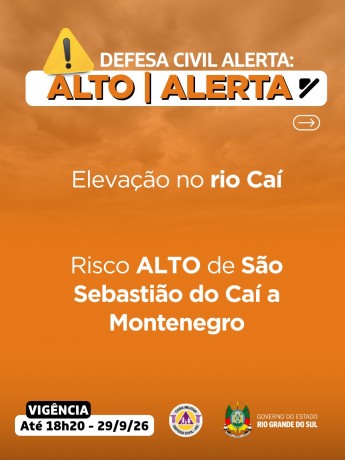 Defesa Civil alerta: eleva&ccedil;&atilde;o do rio Ca&iacute;. Risco ALTO de inunda&ccedil;&atilde;o de S&atilde;o Sebasti&atilde;o do Ca&iacute; a Montenegro