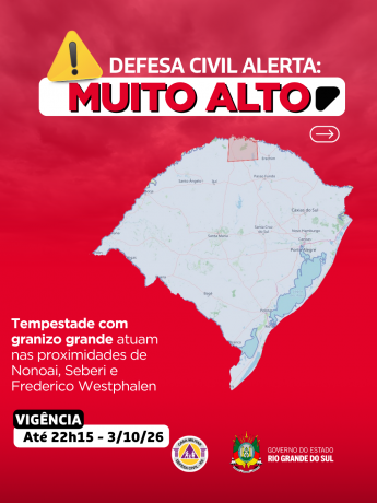 Defesa Civil alerta: condi&ccedil;&atilde;o SEVERA para tempestade com granizo nas proximidades de Nonoai, Seberi e Frederico Westphalen