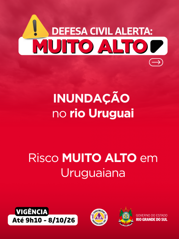 Defesa Civil alerta: inunda&ccedil;&atilde;o no rio Uruguai. Risco MUITO ALTO de inunda&ccedil;&atilde;o em Uruguaiana