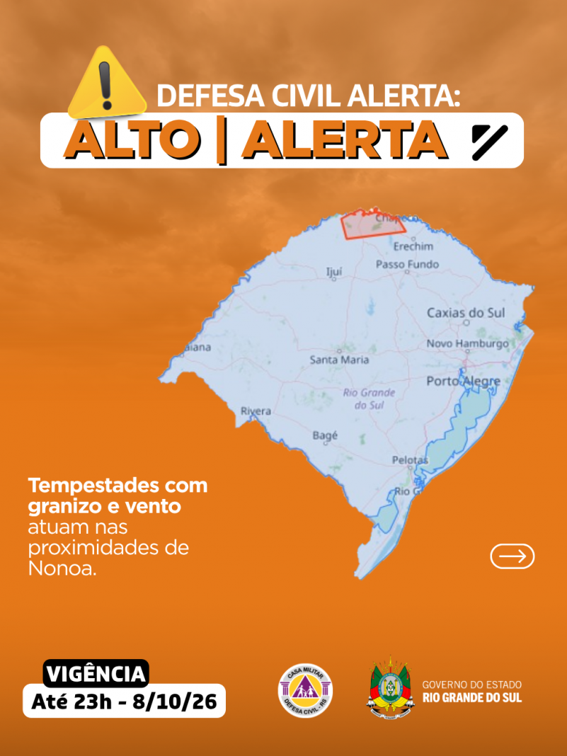 Defesa Civil alerta: condi&ccedil;&atilde;o de ALERTA para tempestades com granizo e vento que atuam nas proximidades de Nonoai