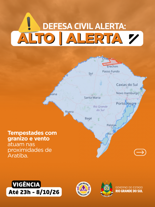 Defesa Civil alerta: condi&ccedil;&atilde;o de ALERTA para tempestades com granizo e vento que atuam nas proximidades de Aratiba