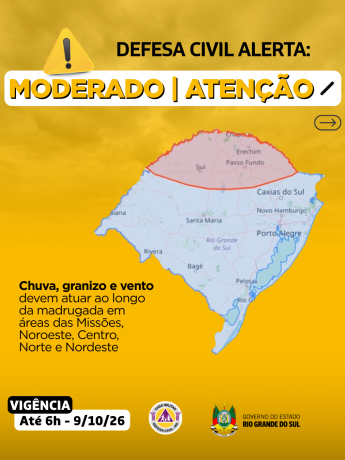 Defesa Civil alerta: Condi&ccedil;&atilde;o de ATEN&Ccedil;&Atilde;O para chuva, granizo e vento que devem atuar ao longo da madrugada 