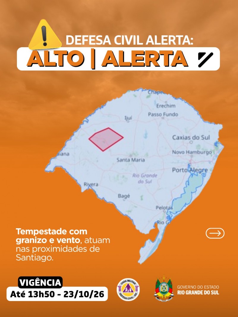 Defesa Civil alerta: Condi&ccedil;&atilde;o de ALERTA LARANJA para tempestade com granizo e vento nas proximidades de Santiago