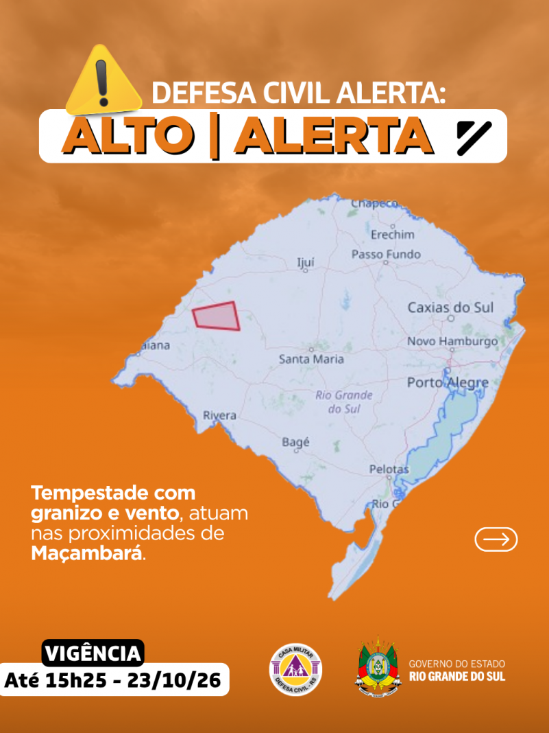 Defesa Civil alerta: Condi&ccedil;&atilde;o de ALERTA LARANJA para tempestade com granizo e vento que atuam nas proximidades de Ma&ccedil;ambar&aacute;