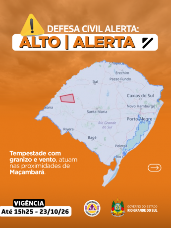 Defesa Civil alerta: Condi&ccedil;&atilde;o de ALERTA LARANJA para tempestade com granizo e vento que atuam nas proximidades de Ma&ccedil;ambar&aacute;