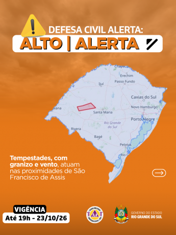 Defesa Civil alerta: condi&ccedil;&atilde;o de ALERTA para tempestades com granizo e vento que atuam nas proximidades de S&atilde;o Francisco de Assis