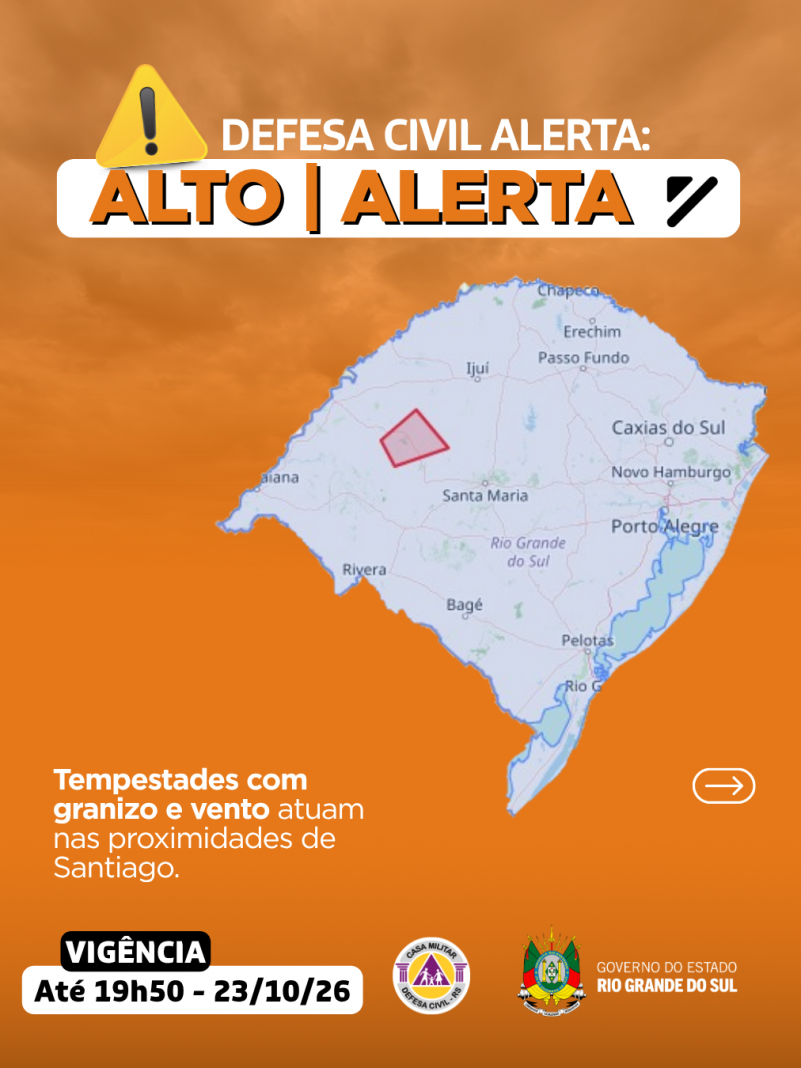 Defesa Civil alerta: Condi&ccedil;&atilde;o de ALERTA para tempestade com granizo e vento nas proximidades de Santiago