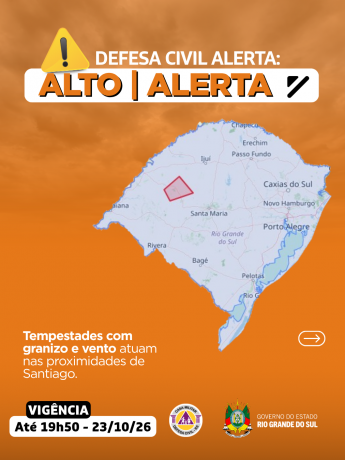 Defesa Civil alerta: Condi&ccedil;&atilde;o de ALERTA para tempestade com granizo e vento nas proximidades de Santiago